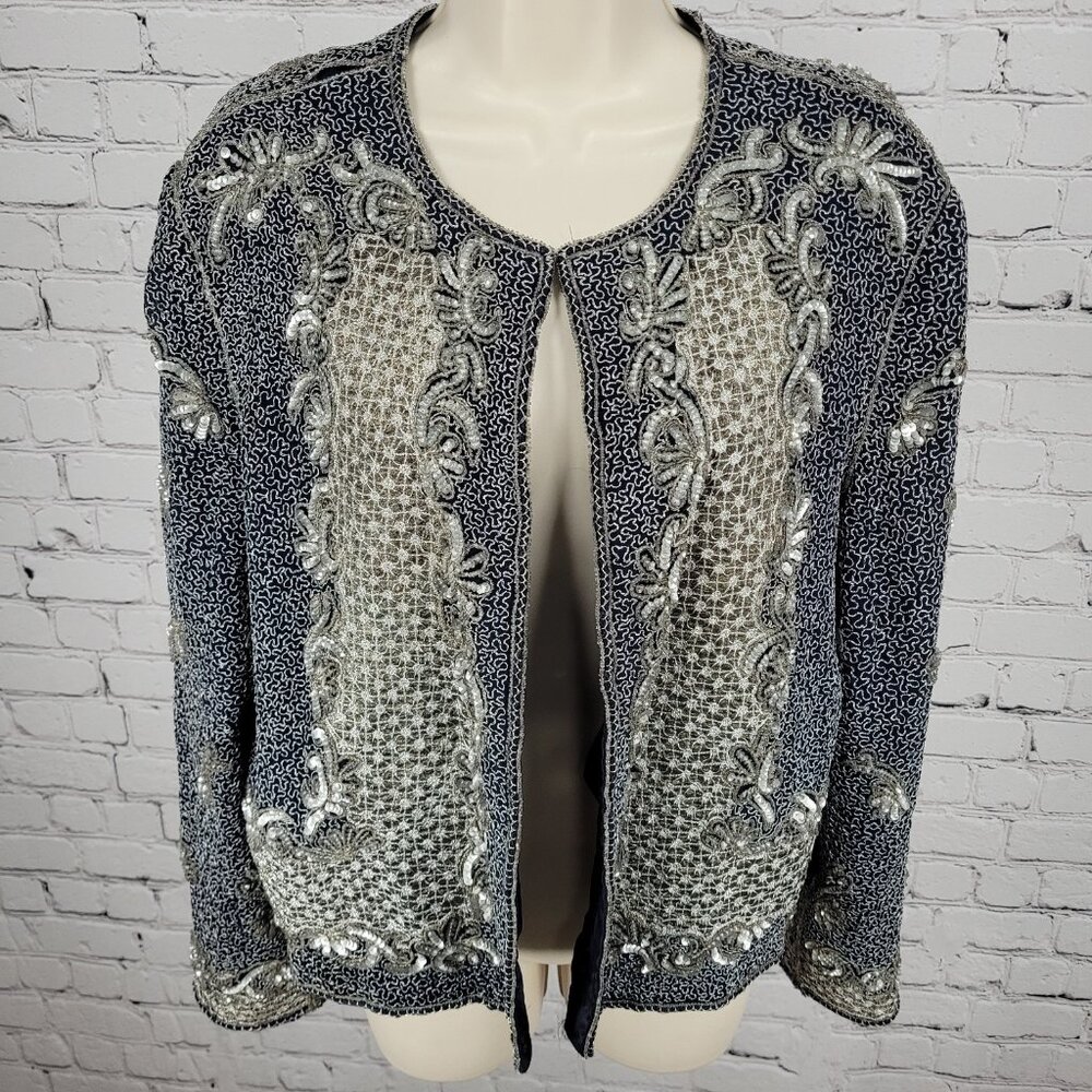 Adrianna Papell Blue Sequin Metallic Embellished Evening Jacket Size Medium M